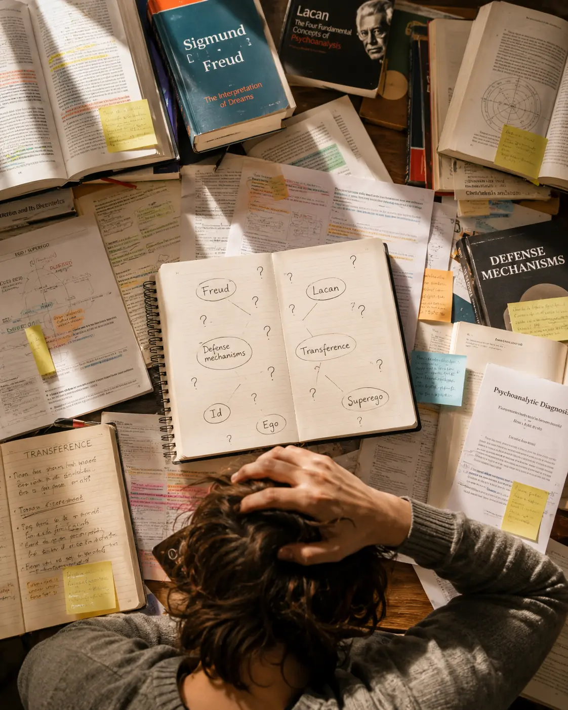 Persona abrumada con apuntes y libros de psicoanálisis